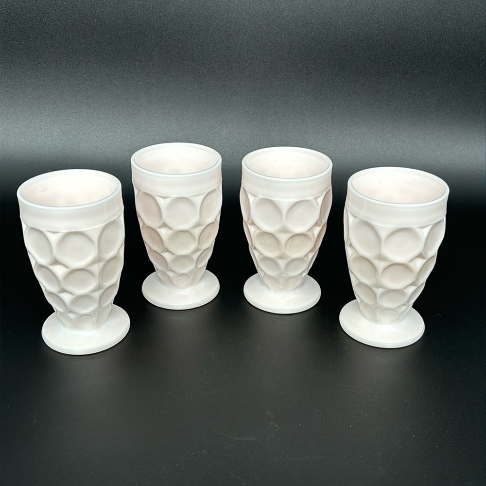 Vintage Set Of 4 Jeanette Shell Pink Milk Glass Thumbprint Juice Glasses